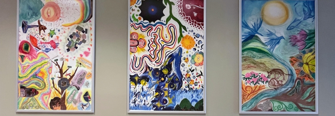 3 mixed media art pieces depicting abstract nature themes